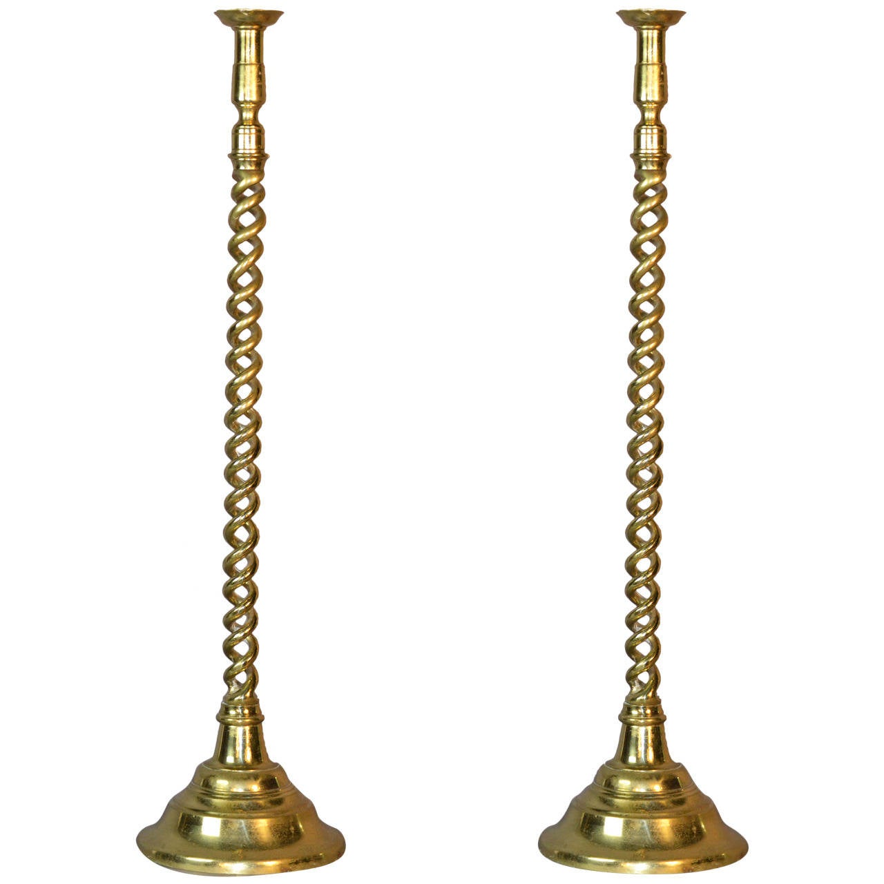 Pair of Tall English Brass Floor Candlesticks at 1stDibs