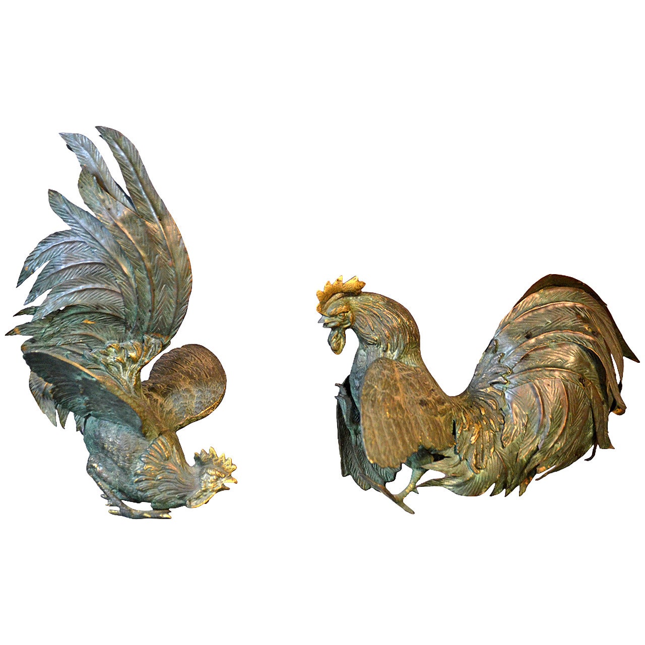 Pair of Large Brass Fighting Cock Sculptures