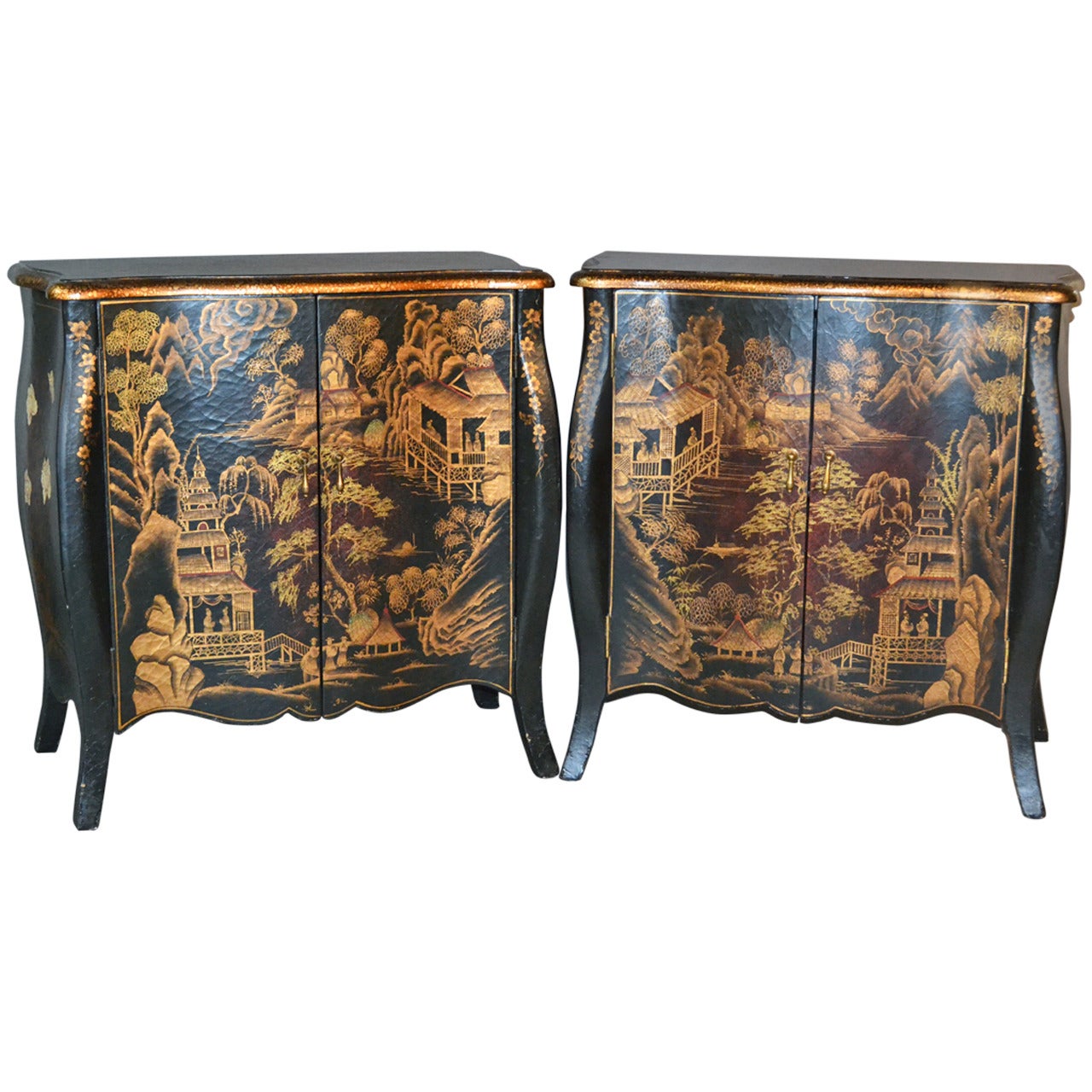 Pair of Chinoiserie Hand-Painted Demilune Commodes