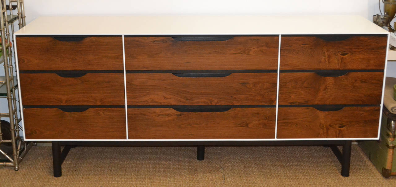 Mid-Century Modern White Lacquered or Walnut Nine-Drawer Chest