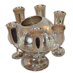 French Modernist Silver Plate Wine/ Champagne Cooler with Flutes