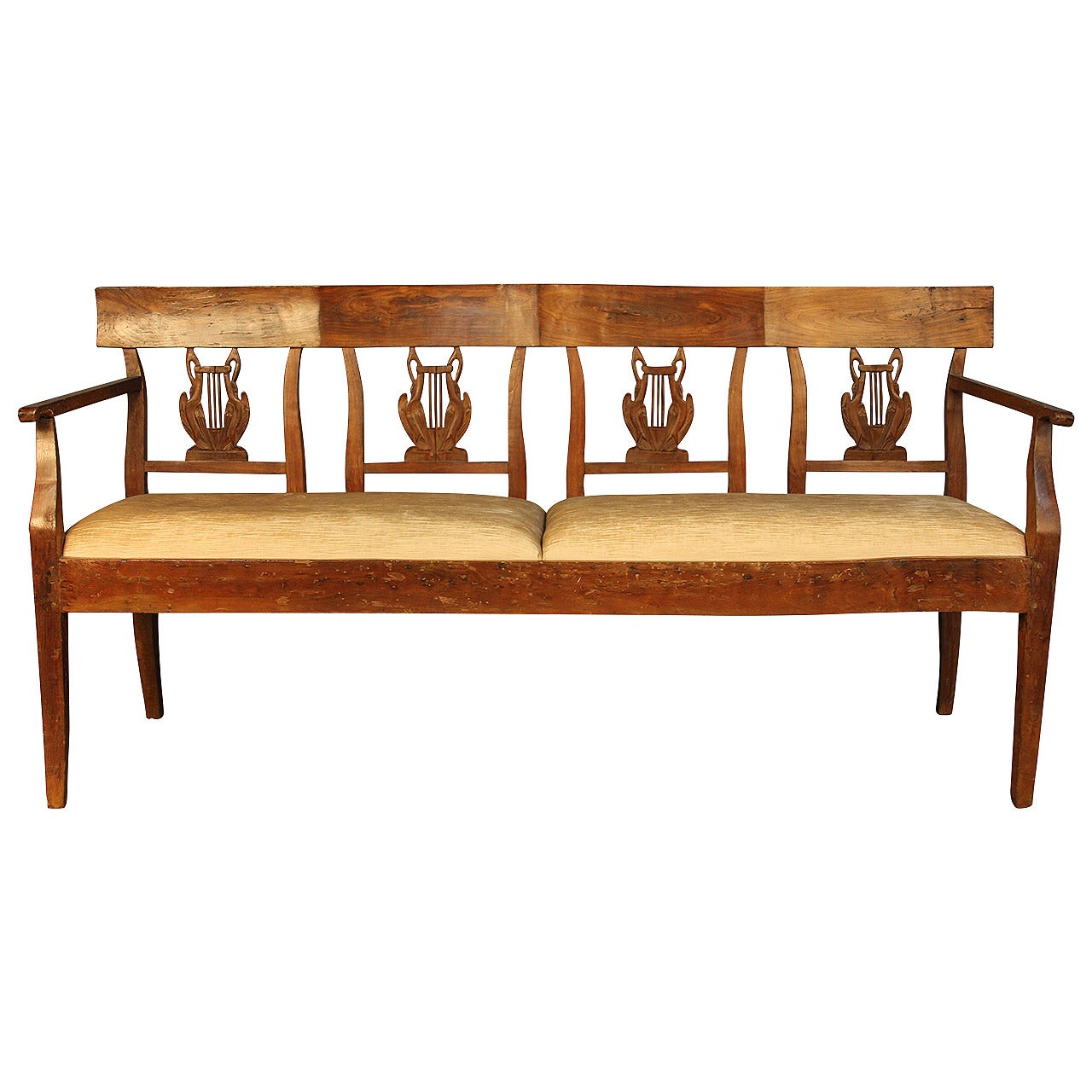 19th Century Carved Back Wood Upholstered Bench Settee For Sale