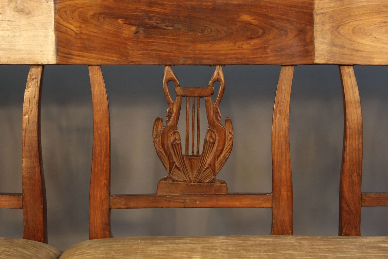 19th Century Carved Back Wood Upholstered Bench Settee In Good Condition For Sale In Bridport, CT