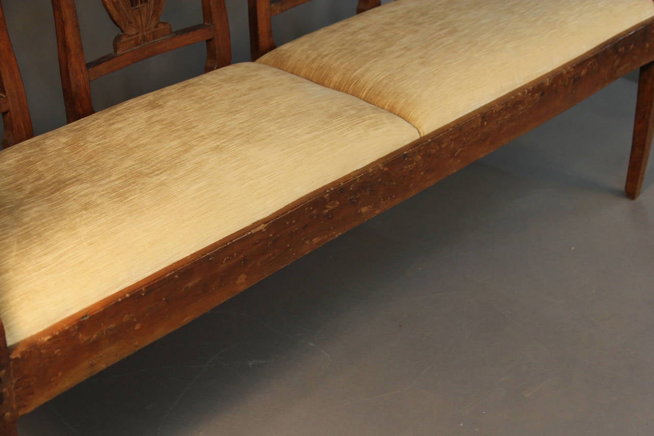 19th Century Carved Back Wood Upholstered Bench Settee For Sale 4
