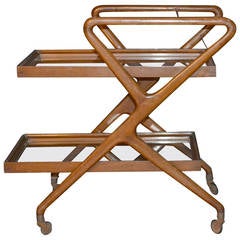 Italian Modern Walnut Bar Cart with Glass Shelves
