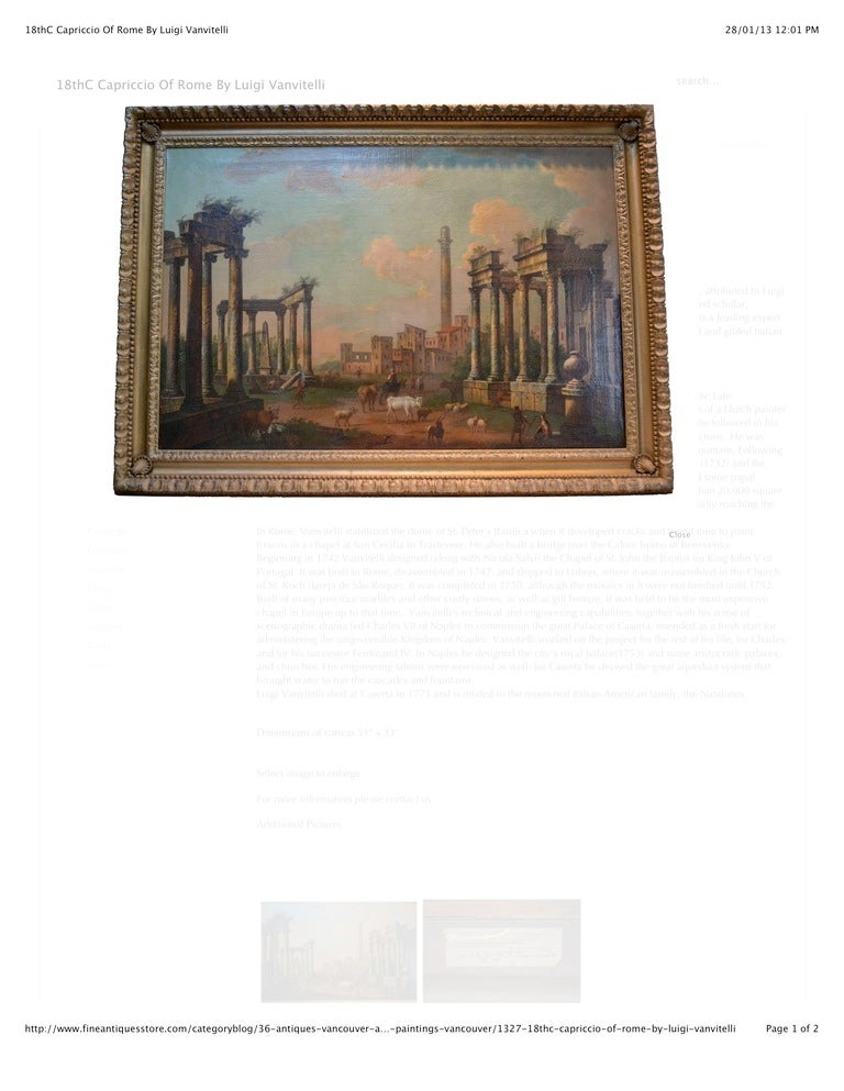 A period Italian Cappricio by the noted Italian architect/painter Vanvitelli, showing a scene from the Roman forum; in a period carved and gilded wood Italian frame; circa 1665;