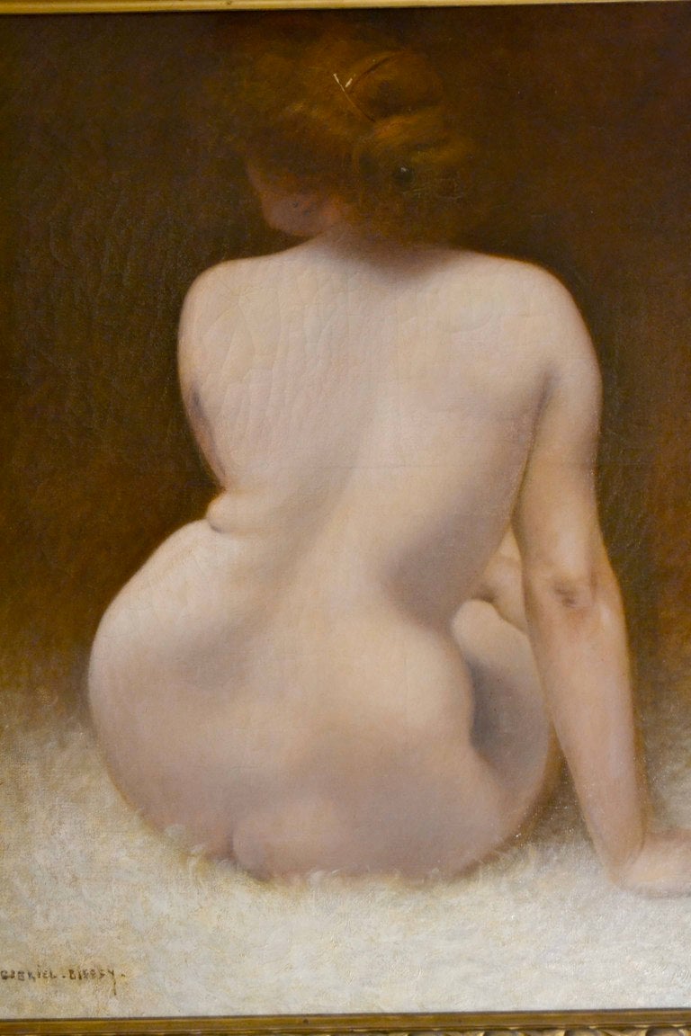 Original oil painting of a voluptuous female nude by listed French artist Gabriel Biessy, circa 1920; in gilt frame; other works by him in the Gare d'Orsay, Paris;

