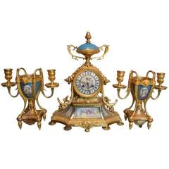 French Napoleon III Porcelain/Gilt Bronze Mantle Clock and Garniture