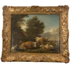 18th C oil on canvas of sheep and cows in landscape