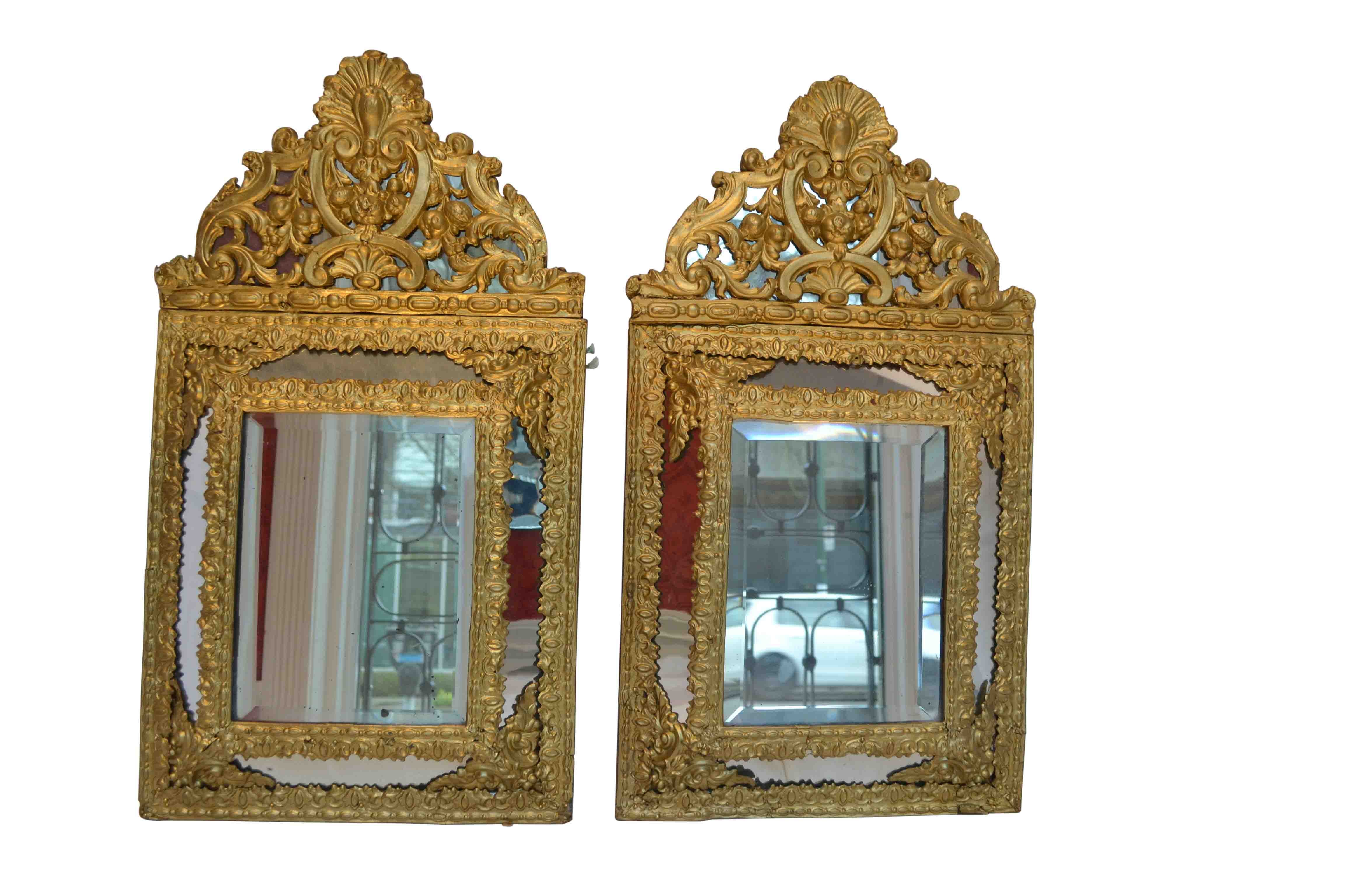 Pair of French/Dutch gilt brass framed bevelled mirrors
