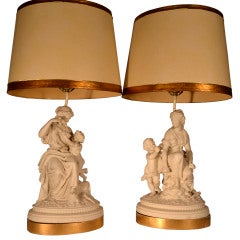 Antique Pair of French bisque porcelains, now wired as lamps