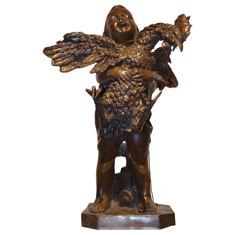 Bronze Boy Holding a Rooster by Adriano Cecioni (1836-1886)