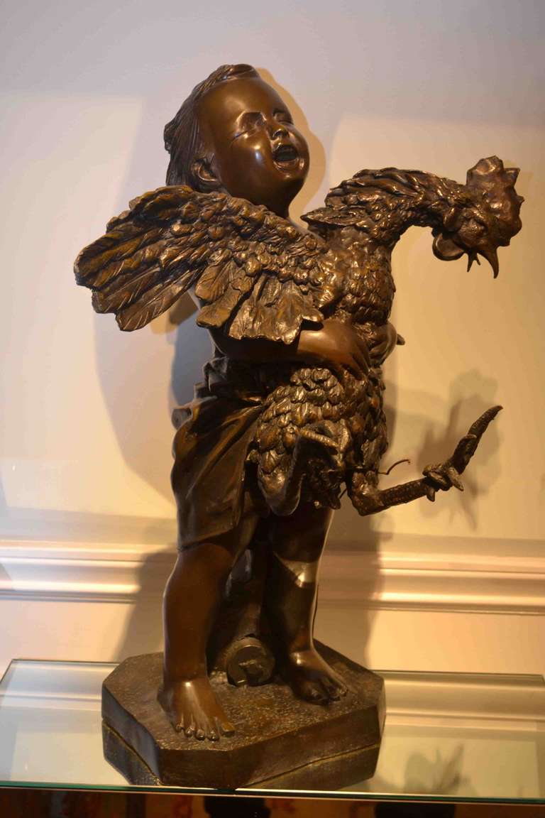 Italian Bronze Boy Holding a Rooster by Adriano Cecioni (1836-1886)