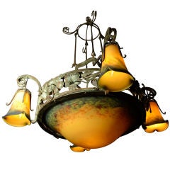 French  Art Nouveau vertigris bronze and glass chandelier