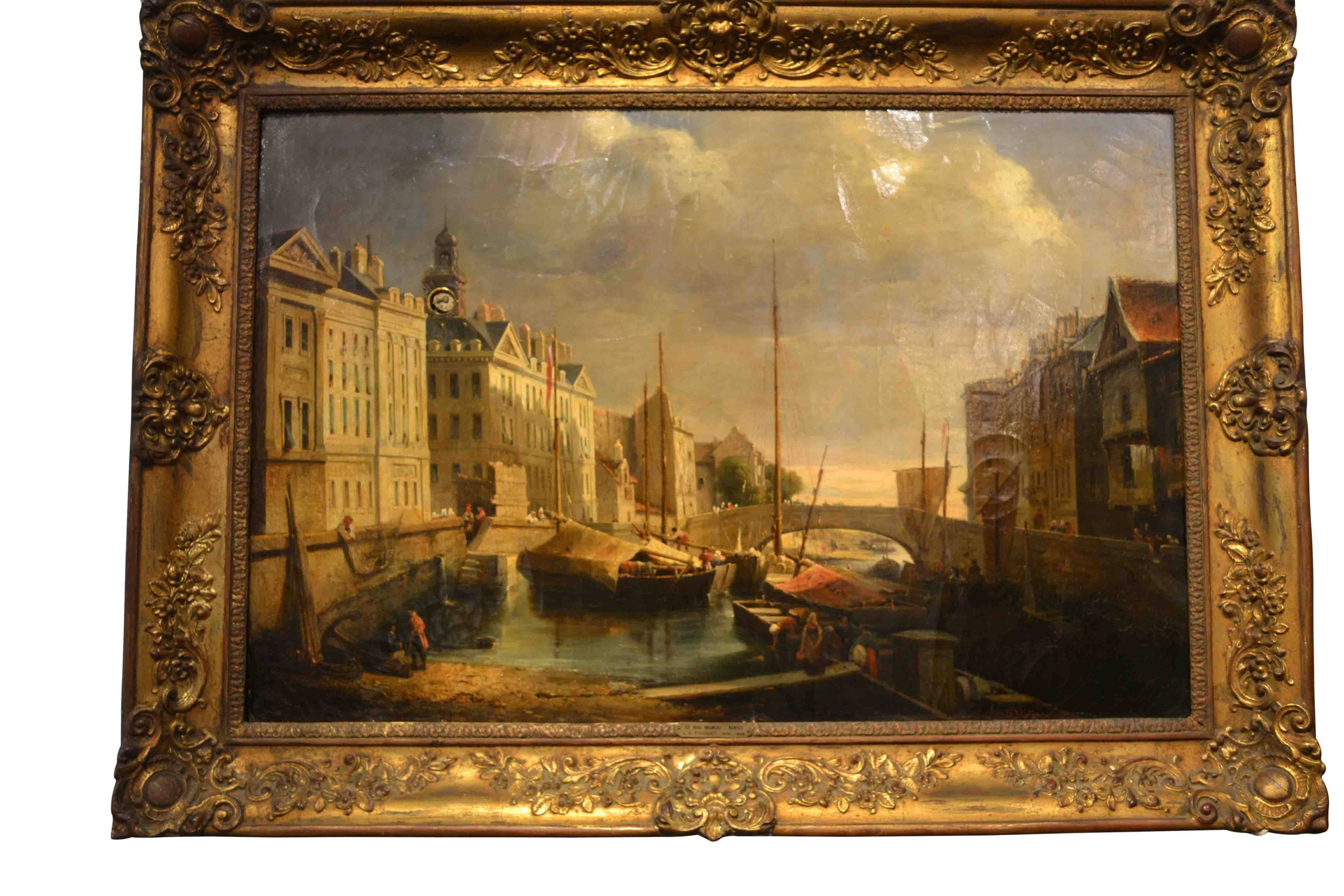 19th Century Clock Painting of the Quai de Brancas in Nantes, France incorporating Two Music Boxes For Sale