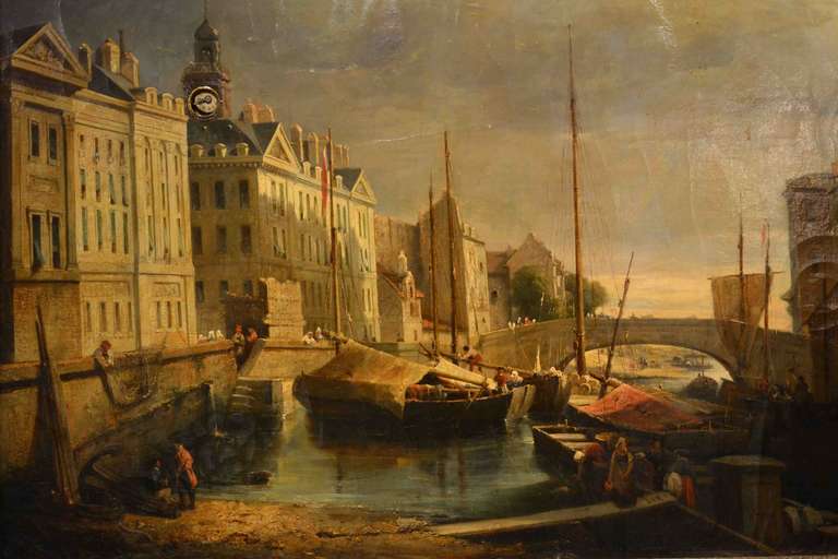 Romantic 19th Century Clock Painting of the Quai de Brancas in Nantes, France incorporating Two Music Boxes For Sale