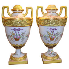 Pair of Classical Dresden Porcelain Urns Now Wired