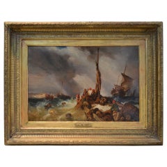 Oil painting by Eugene Isabey of fishermen on a stormy sea