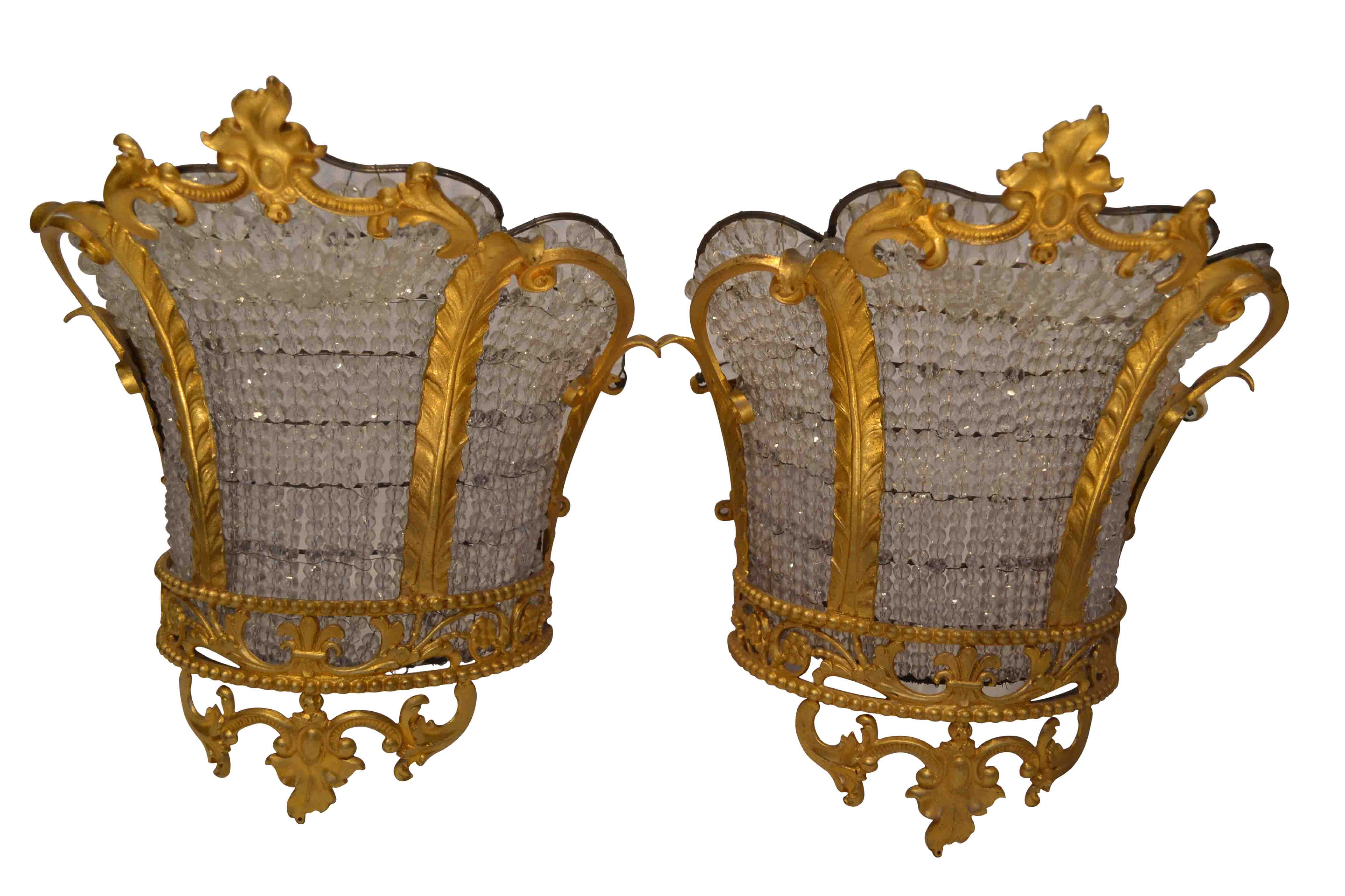 Pair of French gilt bronze and crystal beaded sconces in the shape of crowns