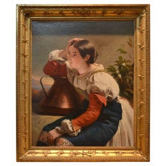 Antique Original Oil Painting Of A Lady With A Watering Can