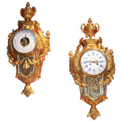Louis XVI Style Gilt Bronze Cartel Clock and Matching Barometer