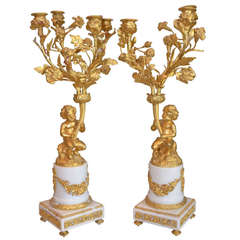 Pair of Louis XVI Style Gilt Bronze and Marble Candlesticks