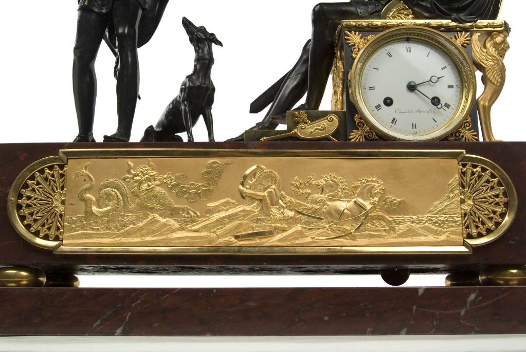 Gilt French Empire Mantel Clock Depicting Hippolytus & Theseus For Sale