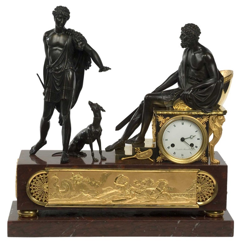 French Empire Mantel Clock Depicting Hippolytus & Theseus For Sale