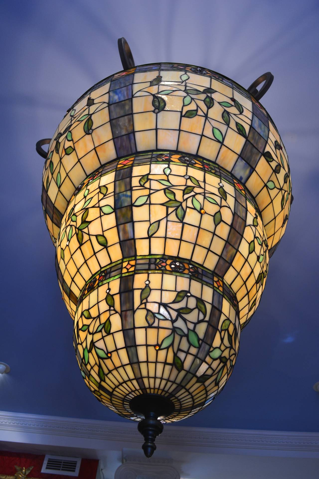 American Craftsman Monumental Tiffany Style Stained Glass Lantern For Sale