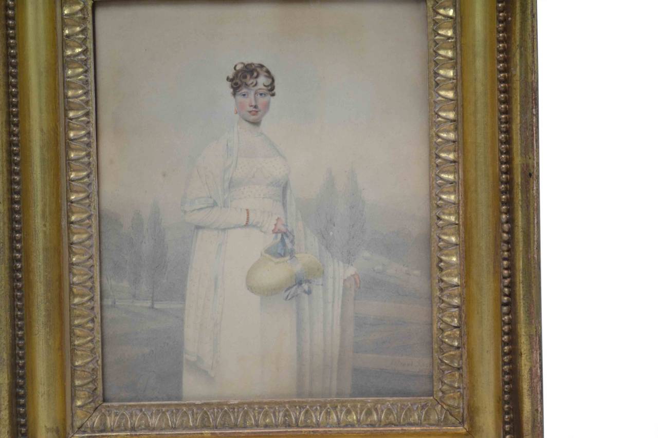 Gilt Drawing of Regency Lady Signed J Grant, Bath 1809 For Sale