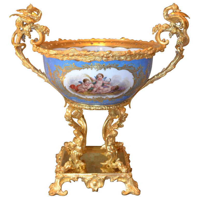 19th Century Sevres Style Porcelain Bowl Mounted in Gilt Bronze For Sale