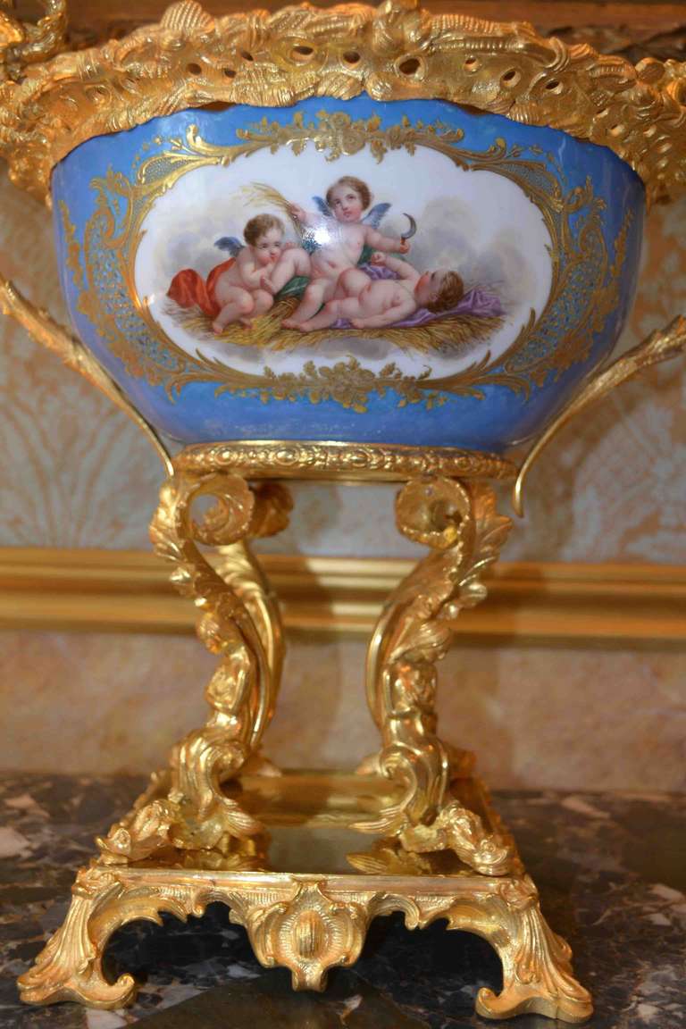 A wonderful example of late 19thC 'Sevres' style porcelain extravagantly mounted in gilt bronze with handles representing winged dragons; the porcelain is painted blue with gilt bordered white cartouches painted on one side with frolicking cupids
