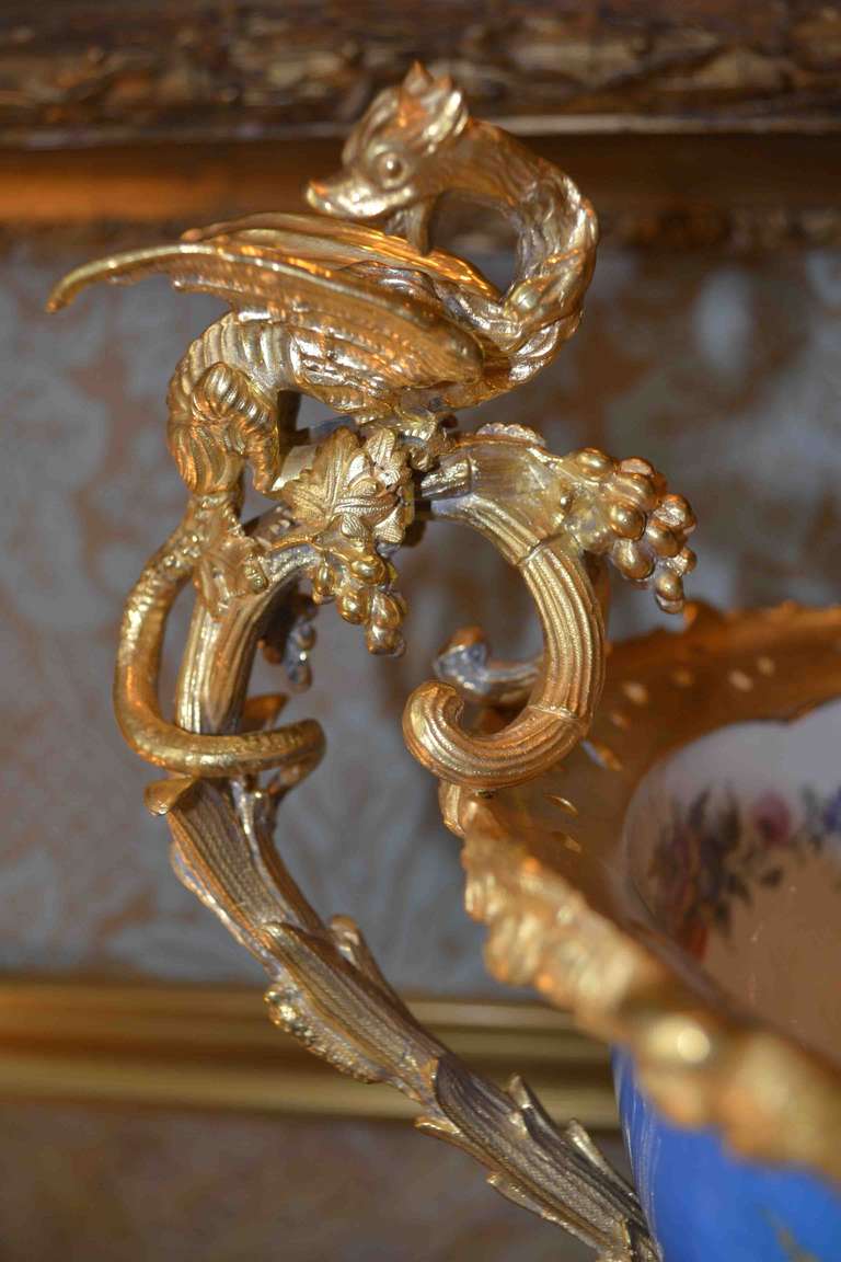 Rococo Revival 19th Century Sevres Style Porcelain Bowl Mounted in Gilt Bronze For Sale