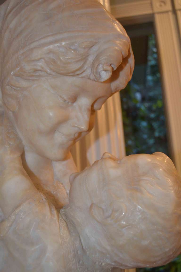 Romantic Alabaster Statue of the Heads of a Mother and Child