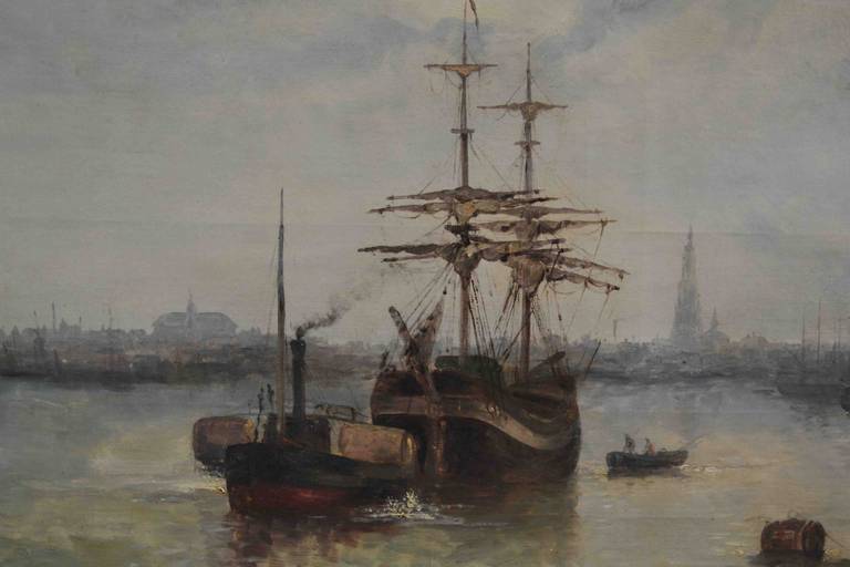 A large original oil on canvas showing the old Port of Antwerp, France circa 1910; framed in a magnificent gilded wood/composition Louis XV style frame; signed Dumont.  Pierre Dumont French (1884-1936) was born in Paris, but lived most of his life