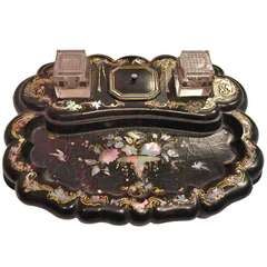 Victorian inlaid Papier Mache Mother-Of-Pearl inkstand