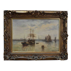 Antique Oil Painting of the Port of Antwerp by Dumont