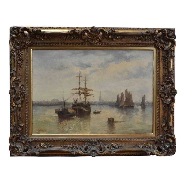 Oil Painting of the Port of Antwerp by Dumont For Sale