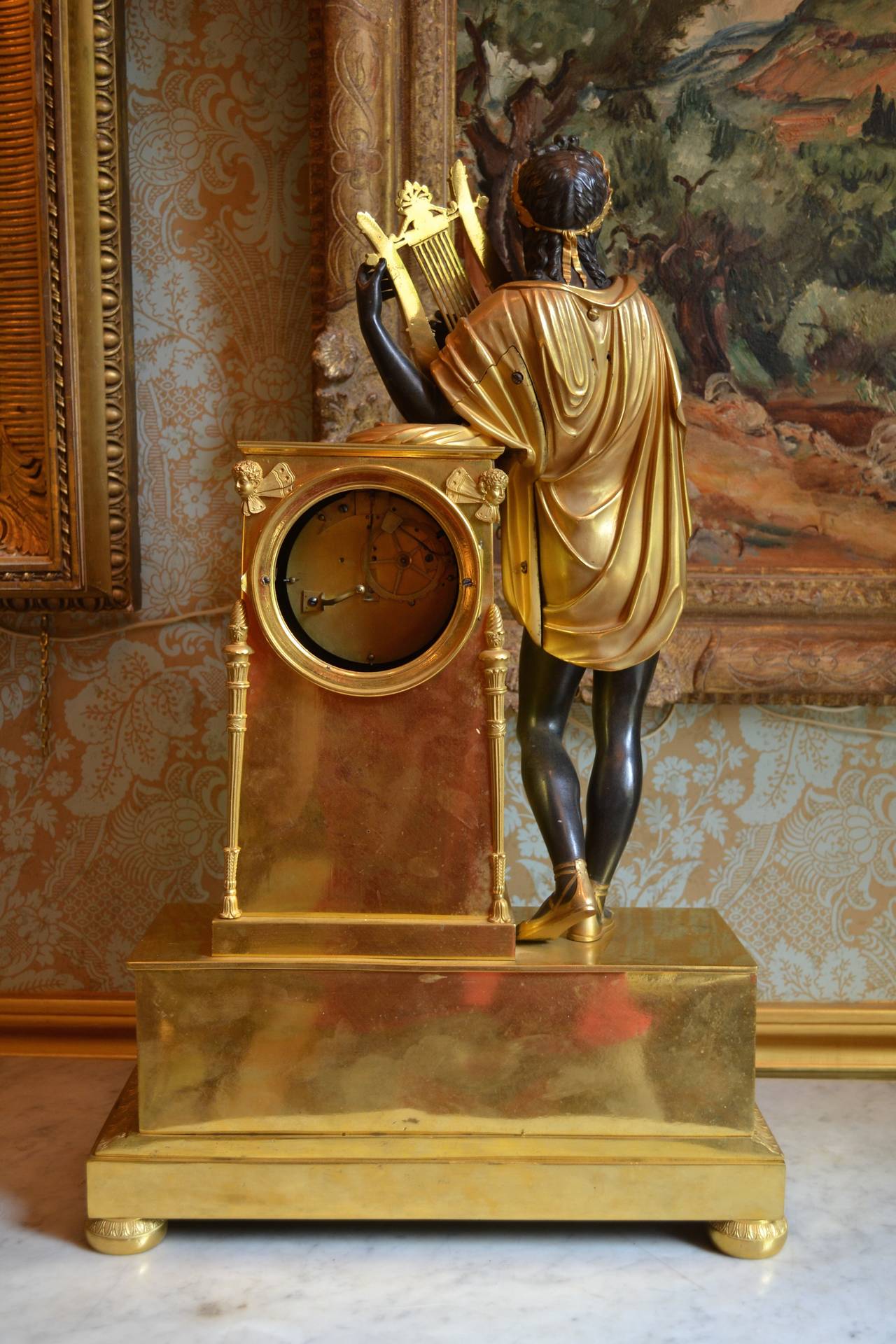 Period Empire Clock Featuring a Standing Apollo, God of Music In Excellent Condition For Sale In Vancouver, BC