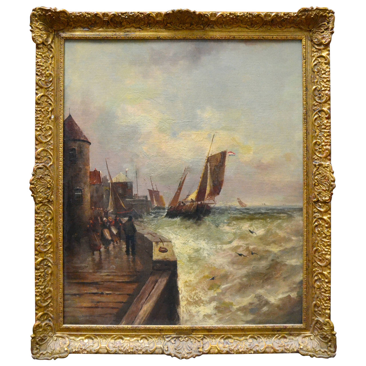 Stormy harbour scene by Van Hove For Sale