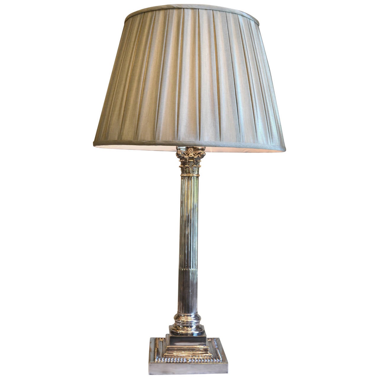 English Classical Silver Plated Corinthian Column Lamp with Silk Shade For Sale