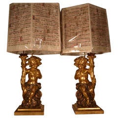 Antique Pair of Gilded Wood Cherub Lamps with 16th Century Music Script Parchment Shades