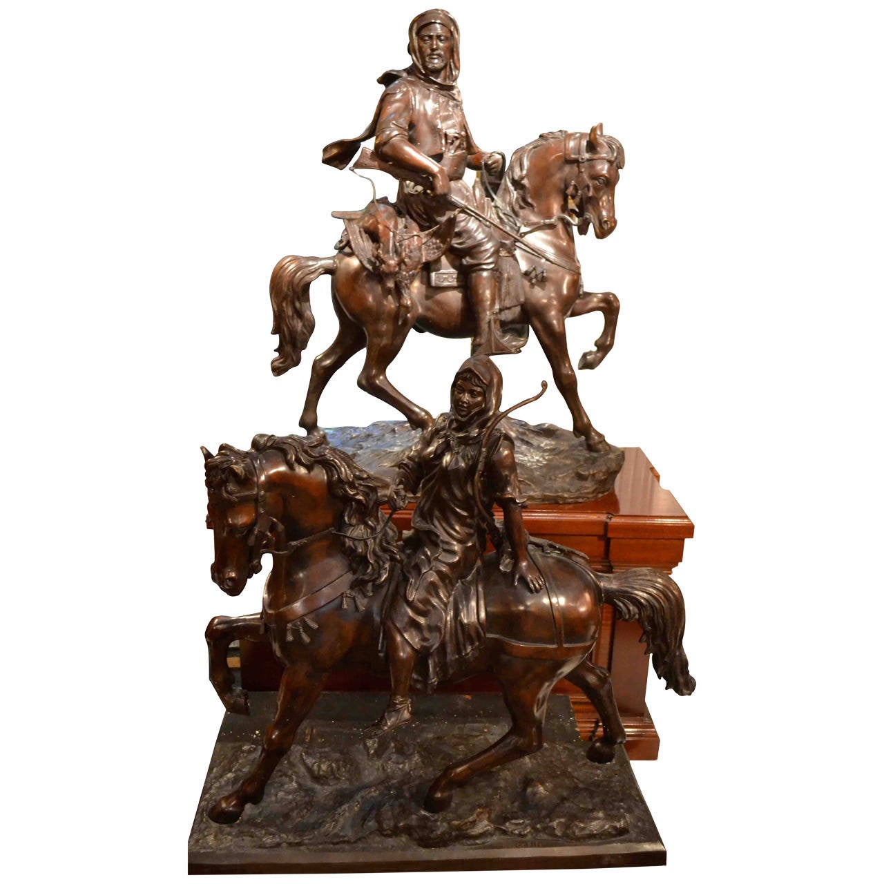 Pair of Monumental Bronze Sculptures on Mahogany Plinths Signed Barye Fils For Sale