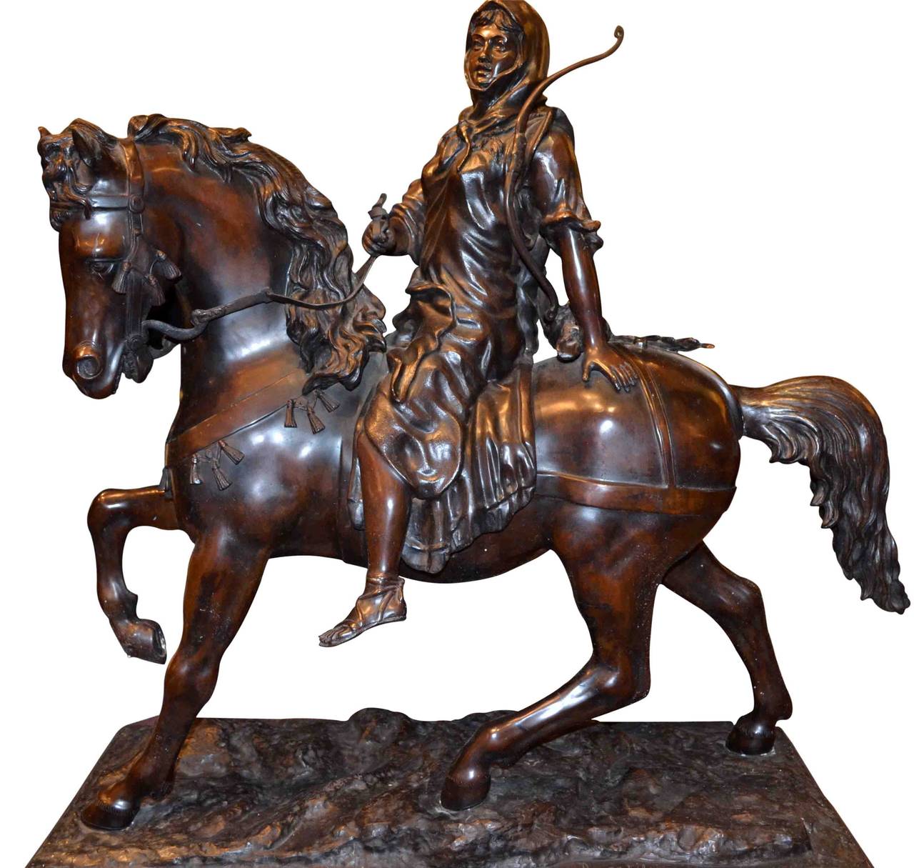 A pair of large-scale bronzes depicting an Arab male and female Cavalier on their horses, his horse with the reward of their hunt over his back. Both are signed Barye fils for Alfred Barye (1839-1882?). He was the son of Antoine Barye the noted