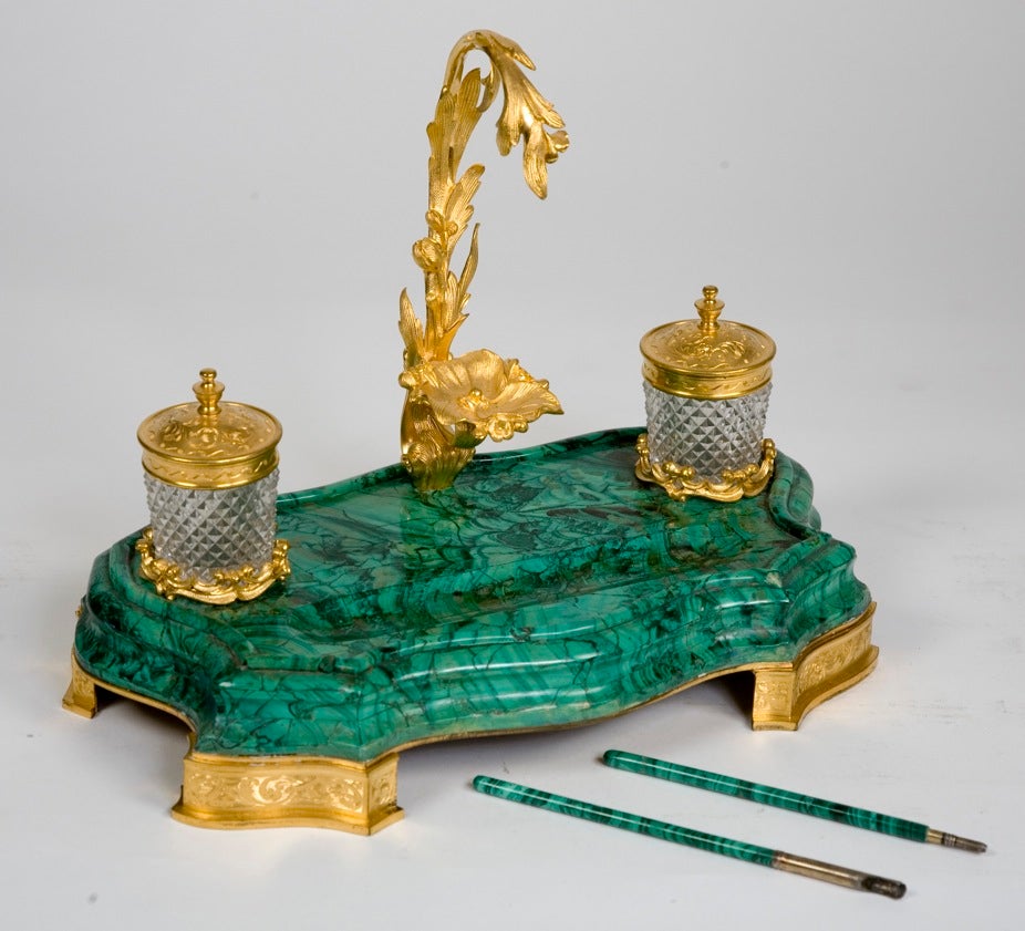 Fine 19thC Russian gilt bronze and malachite ink stand