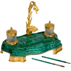 Antique Fine 19thC Russian gilt bronze and malachite ink stand