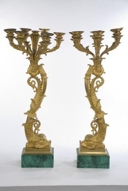 Pair of Restauration gilt bronze and malachite candelabra