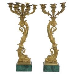 Pair of Restauration gilt bronze and malachite candelabra
