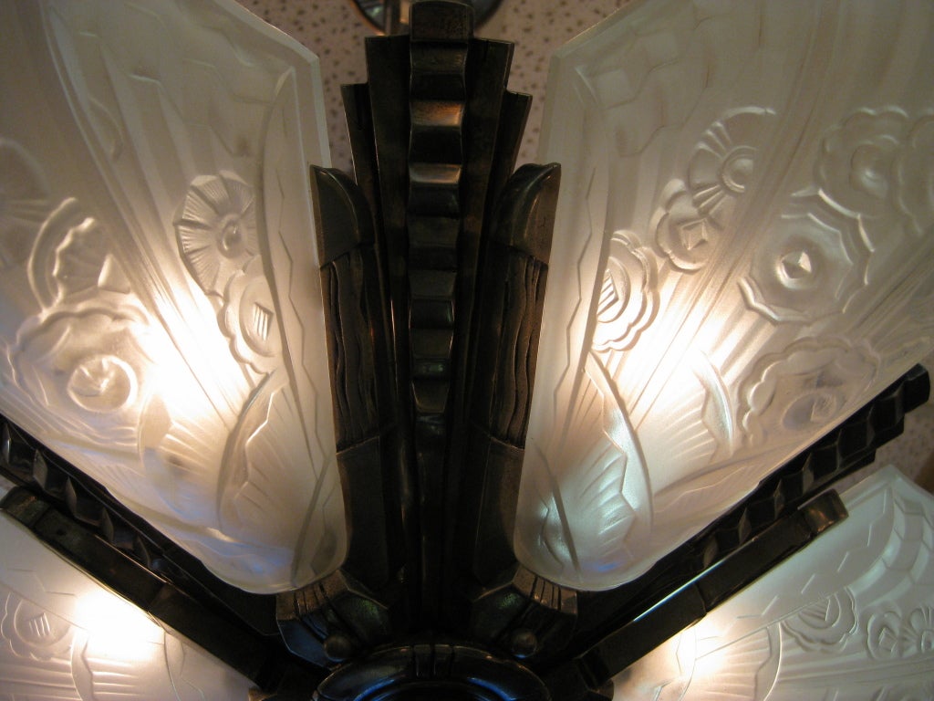 20th Century French original Art Deco frosted glass  chandelier circa 1920