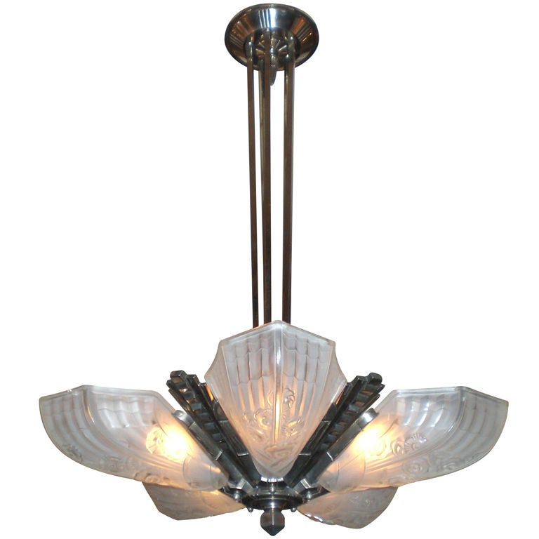 French original Art Deco frosted glass  chandelier circa 1920